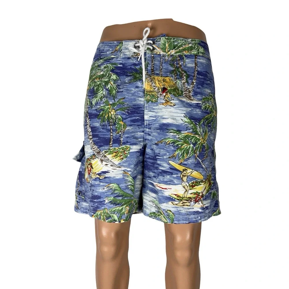 Polo Ralph Lauren Mens Large Shorts Swim Trunks Hawaiian Graphic Print Vintage